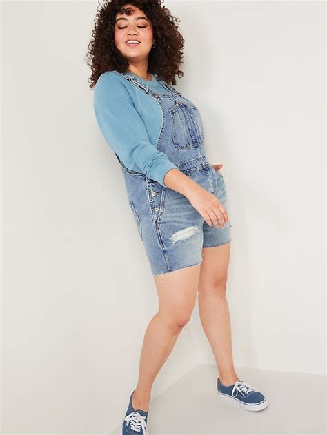 Slouchy Workwear Ripped Cut Off Jean Short Overalls For Women 3 5