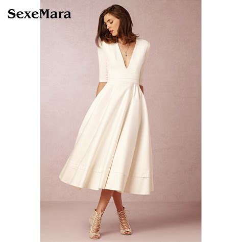 White Deep V Sex Evening Dresses Half Sleeve Floor Length