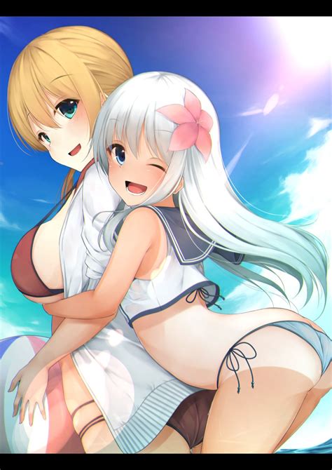 wallpaper illustration blonde long hair white hair anime girls blue eyes ass sky