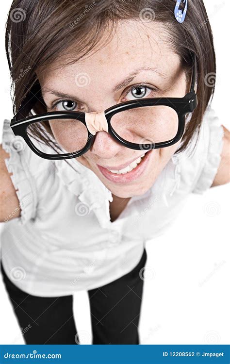 Nette Nerdy Frau In Den Starken Eingefaßten Gläsern Stockfoto Bild