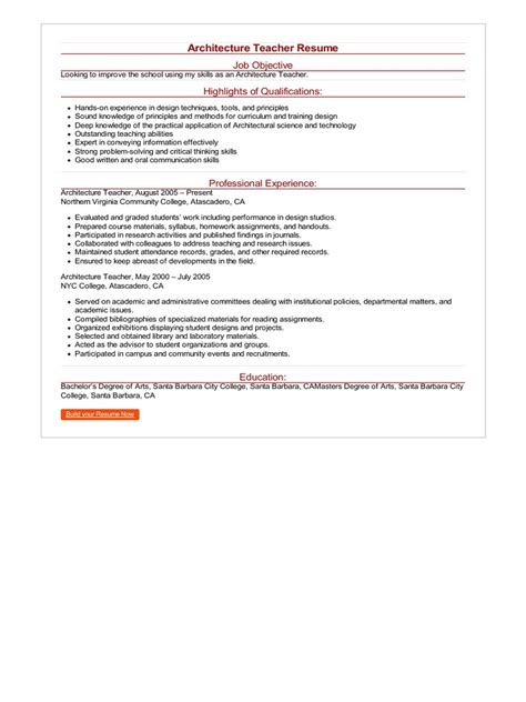architecture teacher resume job objective highlights  qualifications
