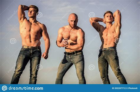 More Strength More Muscle Strong Men Blue Sky Background Showing Abs