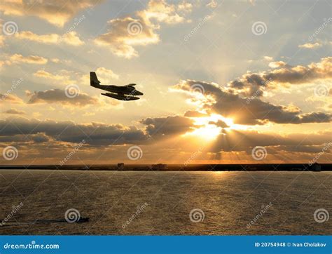 seaplane  island stock photo image  twilight horizon
