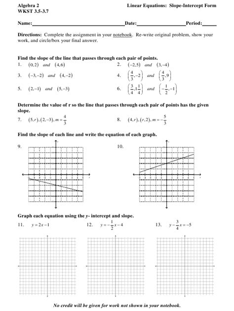 algebra  wkst   linear equations  slope intercept form