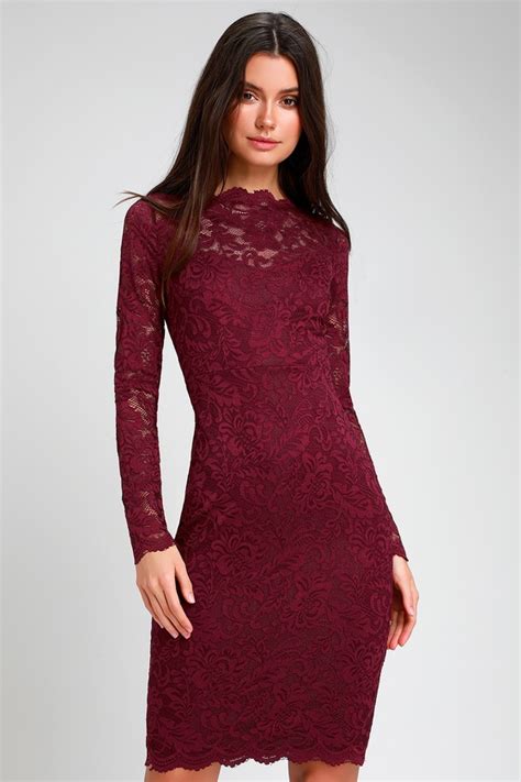 cute burgundy lace dress lace bodycon dress long sleeve dress lulus