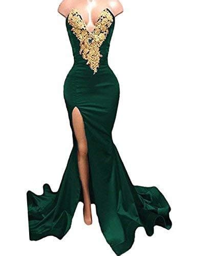 gold lace sexy high slit mermaid long prom dress evening gown emerald
