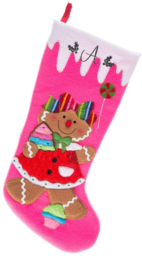 Christmas Stocking Pink Gingerbread Girl With Black Script Glitter