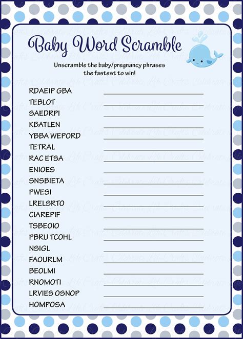 word scramble baby shower game whale baby shower theme  baby boy