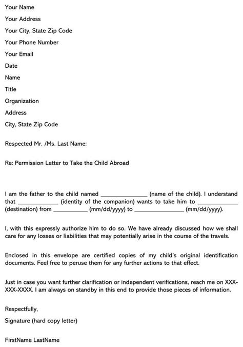 sample letter giving permission  child  travel collection letter