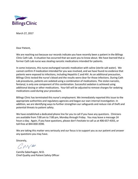 billings clinic letter  patients