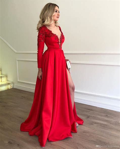 deep v neck red prom dresses 2019 long sleeve sexy
