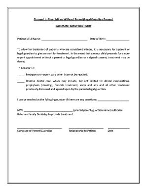 printable consent  treat minor  parent form templates