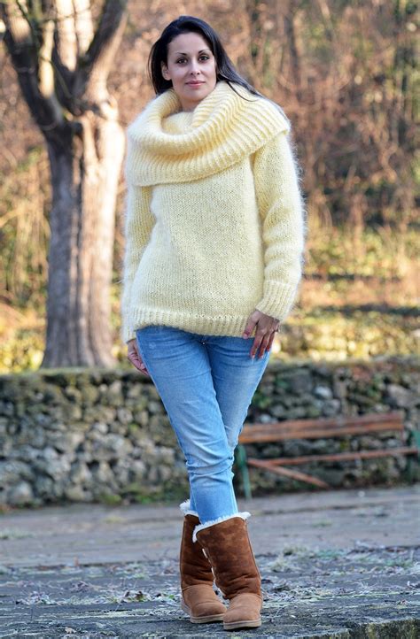 Sexy Woman Light Yellow Super Hand Knitted Cowlneck Mohair Sweater