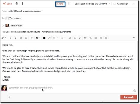 tip    share drafts  zoho mail