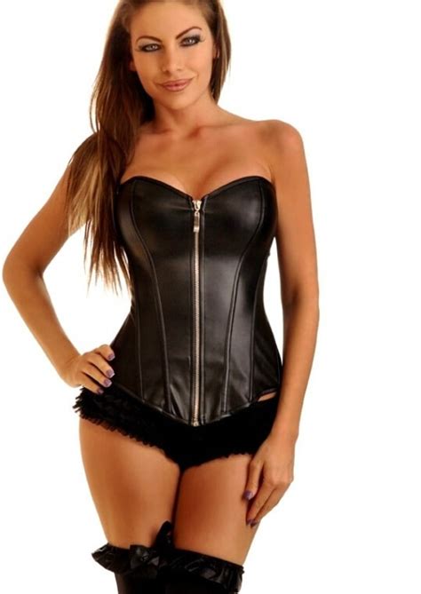 women s sexy black faux leather corsets zipper p009 punk rock gothic