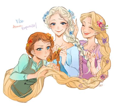 Elsa Anna And Rapunzel Braiding Each Other S Hair Elsanna