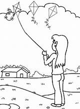 Coloring Pages Flying Kites Girl Kite Children sketch template