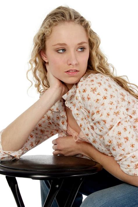 Pretty Blonde Teen Leaning On Stool Picture Image 548870