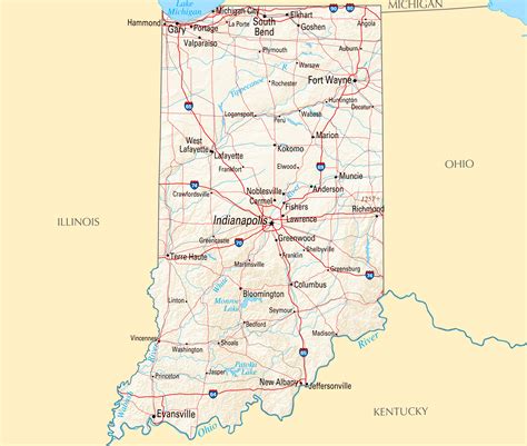 large detailed map  indiana state  roads highways relief