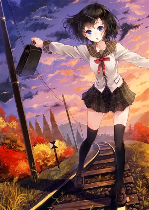 blue eyes anime anime girls school uniform skirt stockings black