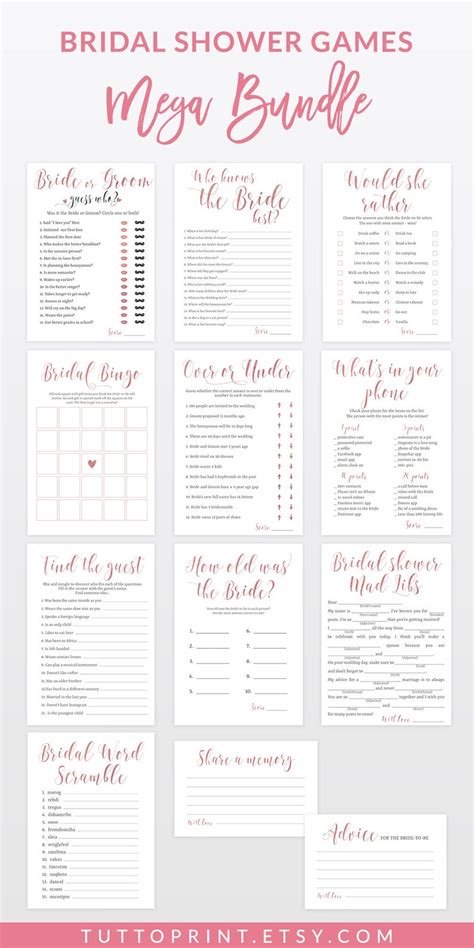 12 bridal shower games bundle hen party game printable template dusty rose blush pink