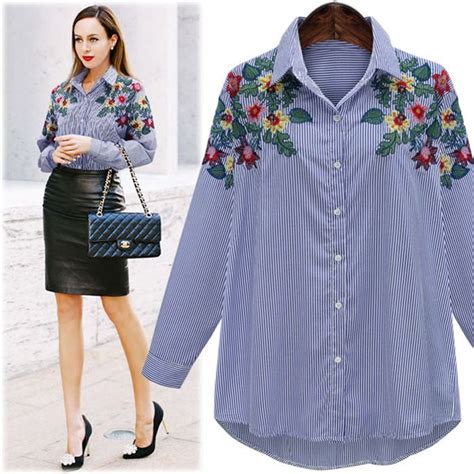 2020 fashion denim shirt ladies cotton long sleeved embroidery floral