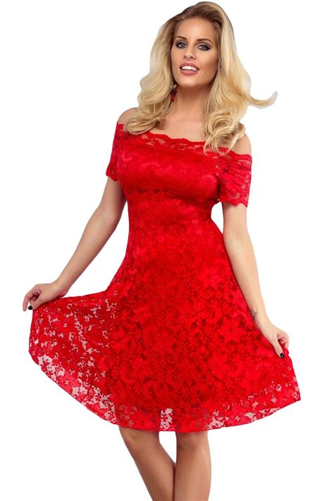 Women Off The Shoulder Lace Red Strapless Skater Dress