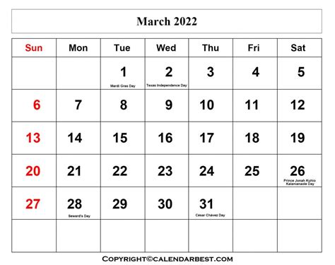 printable march calendar   holidays