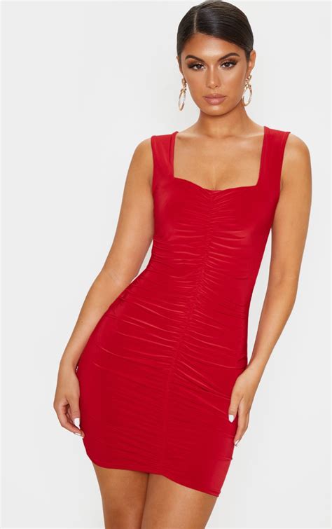 red slinky ruched front square neck bodycon dress prettylittlething