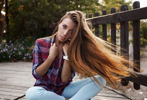 Wallpaper Women Model Long Hair Wooden Surface Sitting Jeans