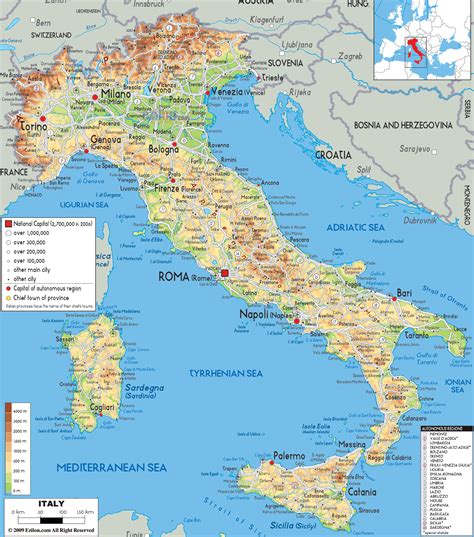 large detailed physical map  italy   cities roads