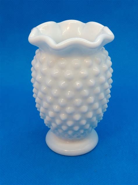 Fenton White Hobnail Milk Glass Ruffled Edge Small Vase 3 5 Etsy