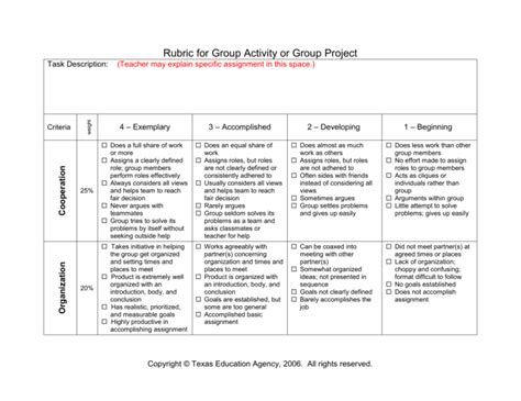 rubrics  group activity  english printable templates