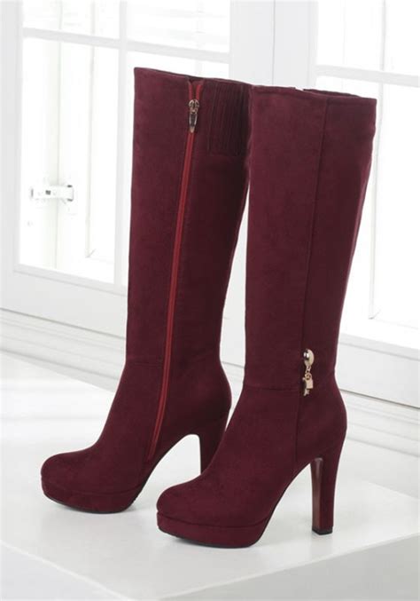 Wine Red Round Toe Chunky Zipper Fashion Knee High Boots Boots Shoes