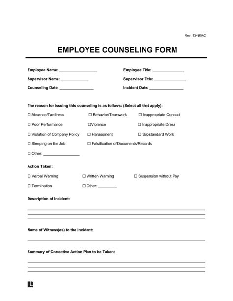 employee counseling form  word legal templates
