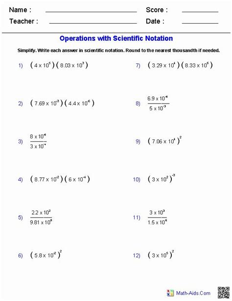 adding  subtracting numbers  scientific notation worksheet