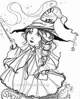 Coloring Witch Cute Magic Pages Halloween Etsy Lineart Digistamp Wimsical sketch template