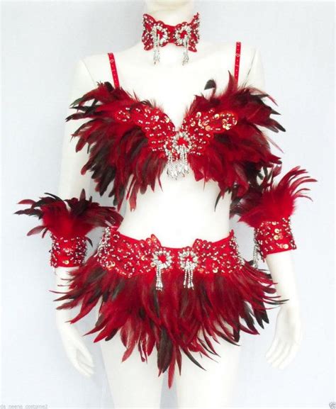 feather dance drag bra skirt bra belt samba costume set by daneena color red samba costume