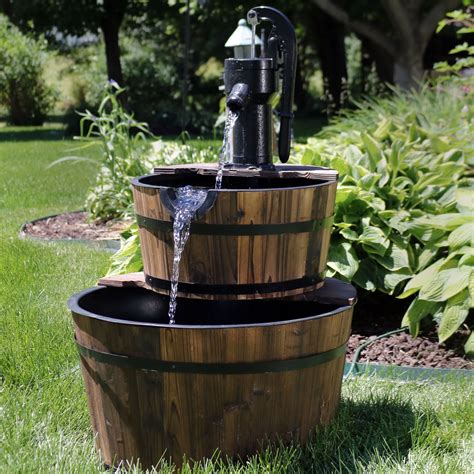 sunnydaze wood barrel outdoor water fountain  hand pump  tier large  cascading