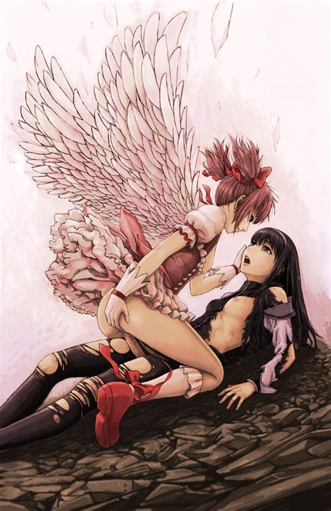 Rule 34 1futa 1girls Akemi Homura Angel Wings Ass Black Hair Blush