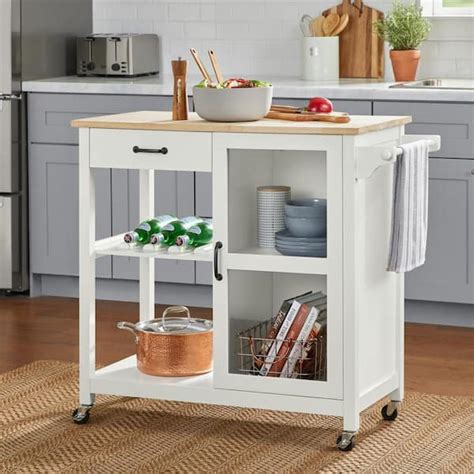 home decorators collection rockford white rolling kitchen cart  butcher block top  glass