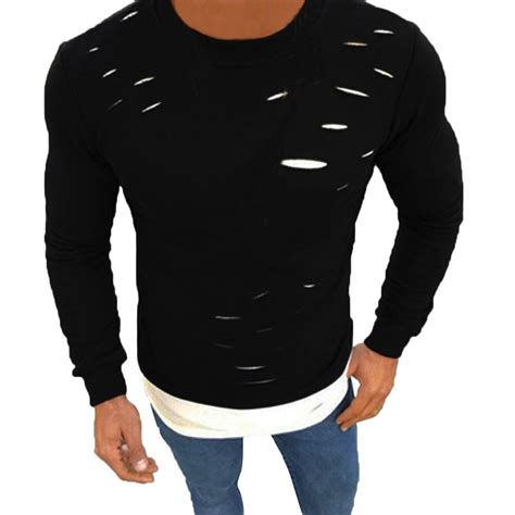 men muscle o neck fake two pieces slim long sleeve hole shirt tops