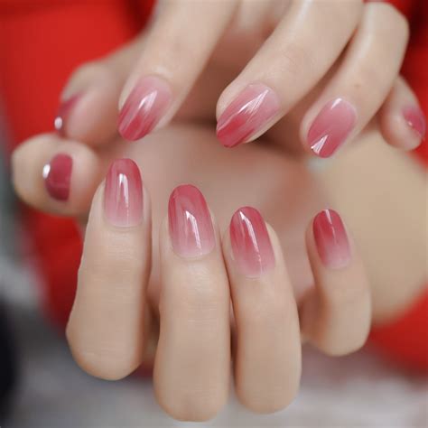 Gradient Russet Red Pink French False Nails Oval Round