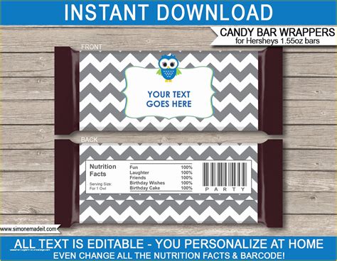 personalized candy wrapper template   owl party hershey candy bar