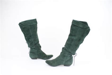80s Tall Green Suede Boots Slouchy Knee High Vintage 1980s Pirate Flat