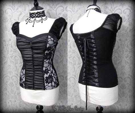 gothic romantic black white rose lace corset style wench top 8 s