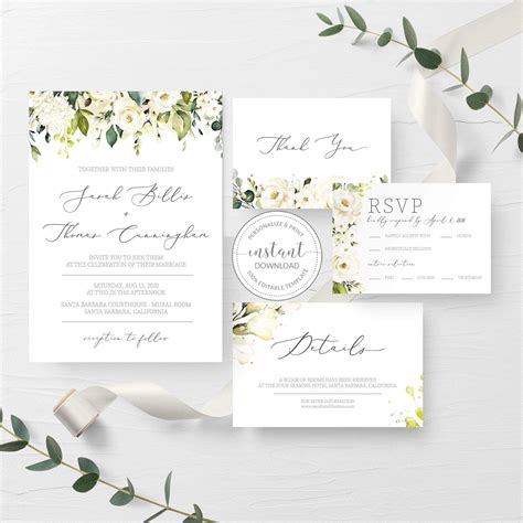 white floral greenery wedding invitation template printable wedding
