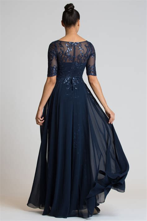 lace gown  chiffon overlay skirt teri jon evening gowns  sleeves bridesmaid dresses