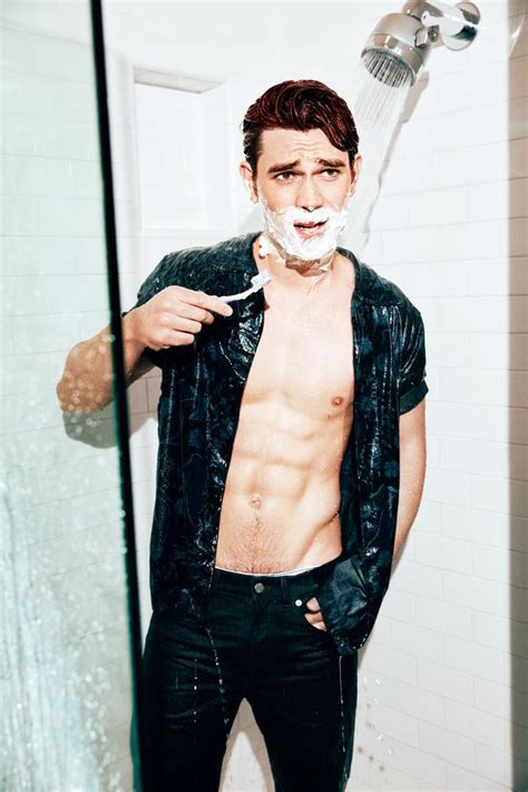 kj apa brushing teeth shirtless in shower for gq click