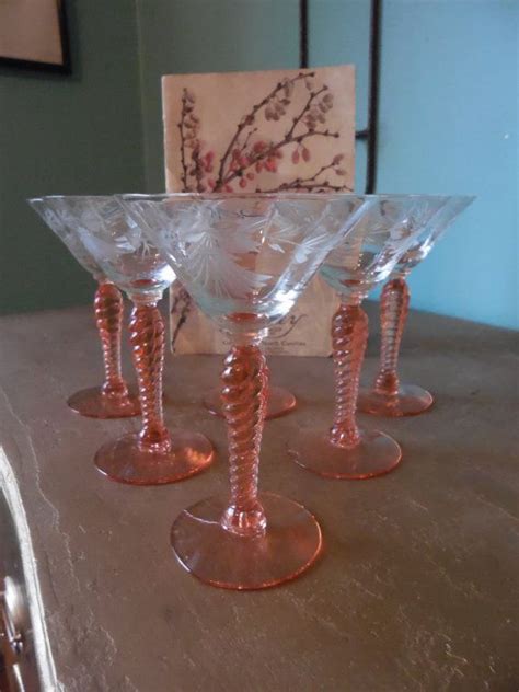 Set Of 6 Antique Cocktail Glasses White Etched Glass Top
